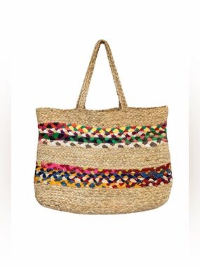 MADRID Woven Straw Tote Bag with Multicolor Braided Accents NEW
